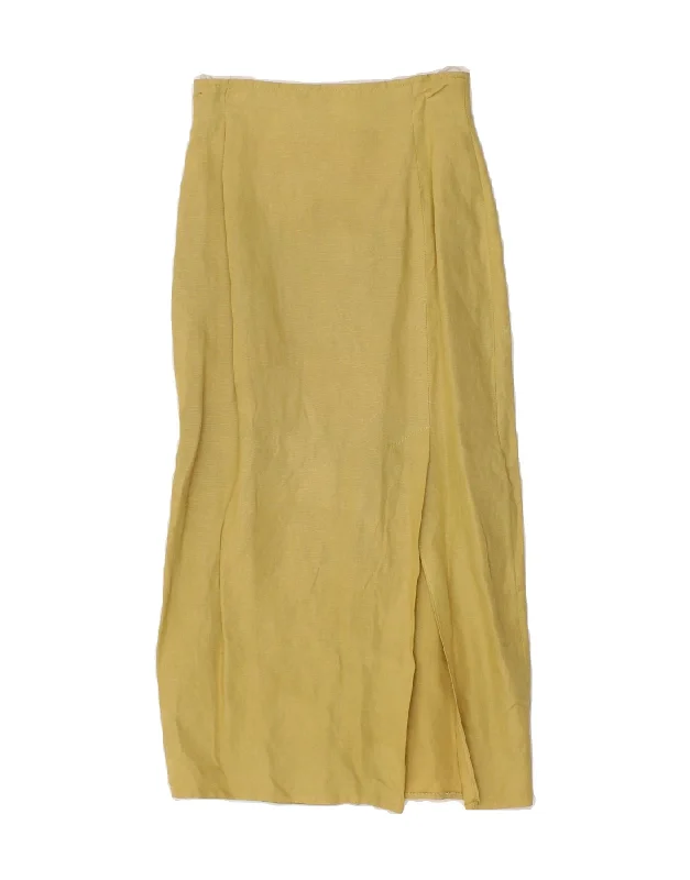 VINTAGE Womens Maxi Skirt UK 10 Smal W26  Yellow Linen zip skirt side