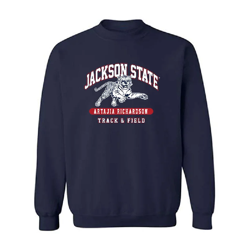 Jackson State - NCAA Women's Track & Field : Artajia Richardson - Classic Fashion Shersey Crewneck Sweatshirt Hoodie with Monochrome Minimalist Simple
