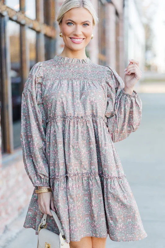 Be Your Best Muted Brown Floral Babydoll Dress Boat Neckline Classic