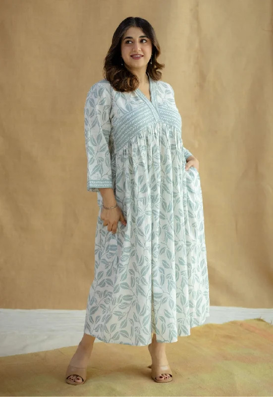 Ralia Sky Blue Hand Block Print Slub Cotton A Line Dress Crew Neckline Casual
