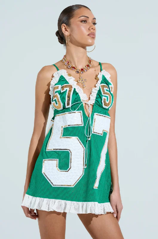 TOUCHDOWN SEQUIN JERSEY DRESS IN GREEN Crew Neckline Sporty