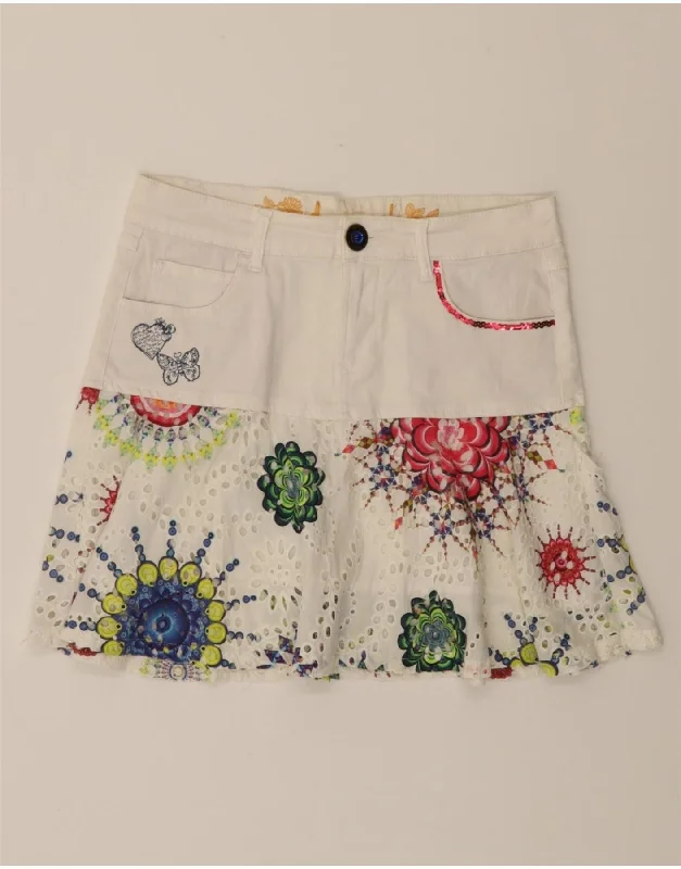 DESIGUAL Womens A-Line Skirt EU 38 Medium W32 White Floral Cotton cashmere skirt fine
