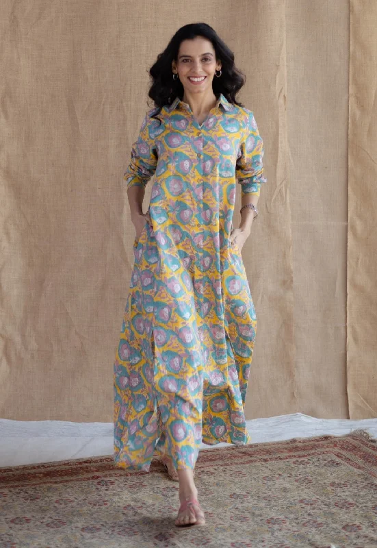 Trusha Yellow Sanganeri Slub Cotton A Line Dress Tunics Bestseller popular