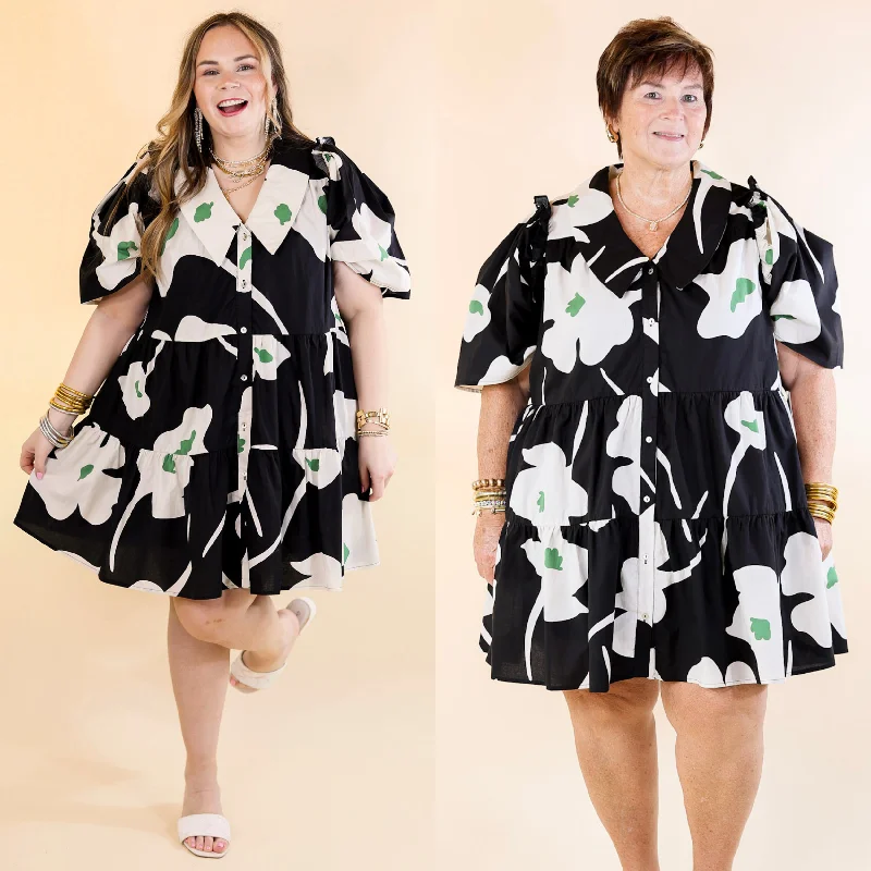 Dreamy Delight Green and White Floral Print Button Down Dress with Puff Sleeves in Black Tunics Top rated