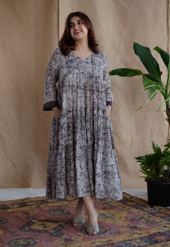Anayat Charcoal Batik MulMul Cotton A Line Dress Tunics Practical durable