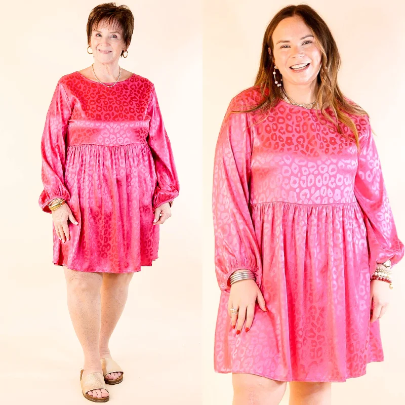 Change Is Coming Leopard Print Babydoll Dress with Long Sleeves in Hot Pink Tunics Bridal satin