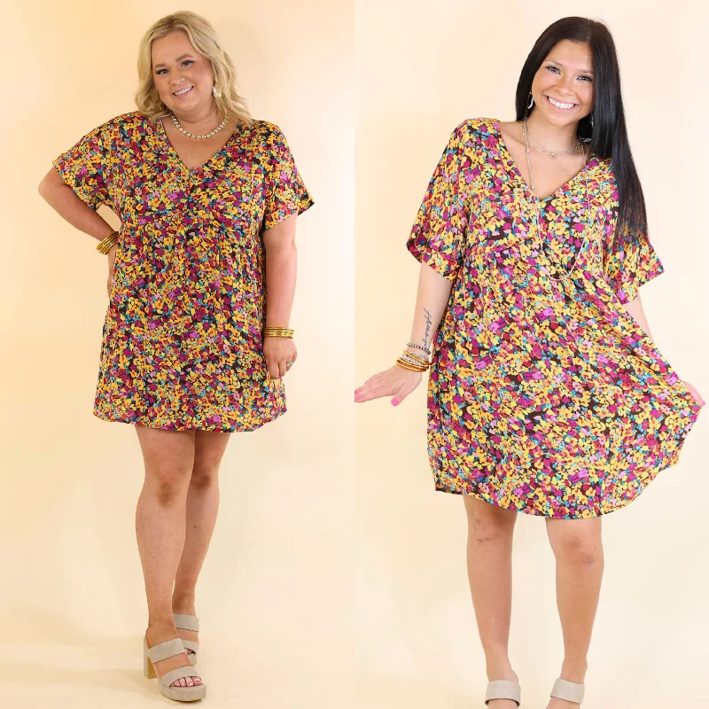 Fresh Blossoms Floral Print Babydoll Dress with V Neck in Brown Tunics Solid Classic