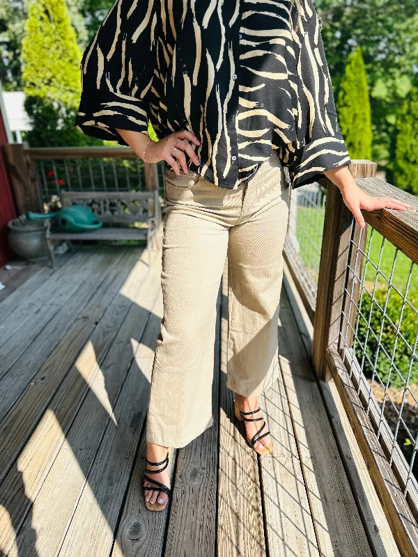 Tan Acid Wash High Waisted Wide Leg Pants Casual Plaid Pants