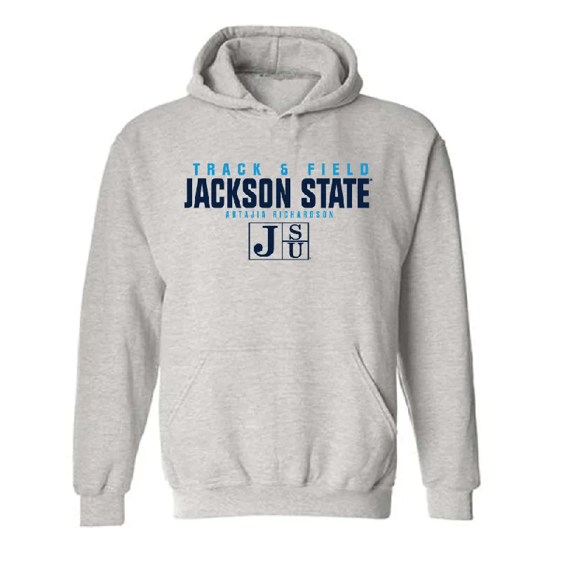 Jackson State - NCAA Women's Track & Field : Artajia Richardson - Classic Fashion Shersey Hooded Sweatshirt Hoodie with Contrast Stitching Detailed Premium