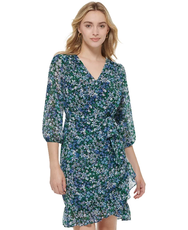 Karl Lagerfeld Paris Womens Printed Tie Waist Ruffled Hem Dress Floral Print girly