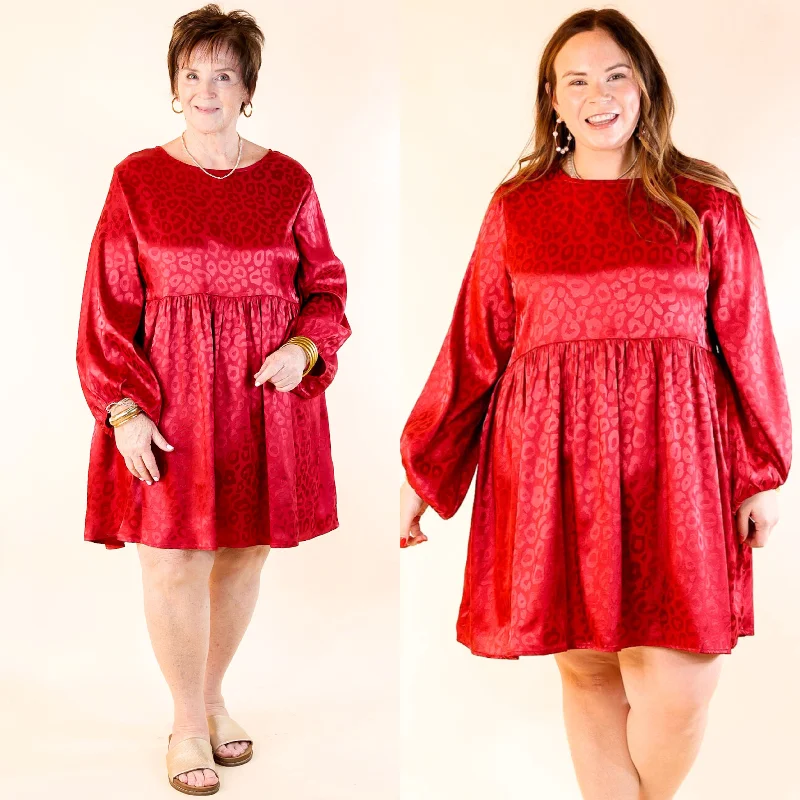Change Is Coming Leopard Print Babydoll Dress with Long Sleeves in Dark Red Tunics Party sparkling