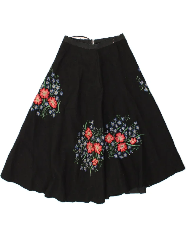 VINTAGE Womens A-Line Skirt W24 XS Black Floral silk skirt lustrous