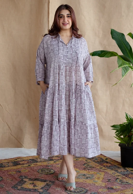 Adya Lavender Batik MulMul Cotton A Line Dress Tunics Business professional