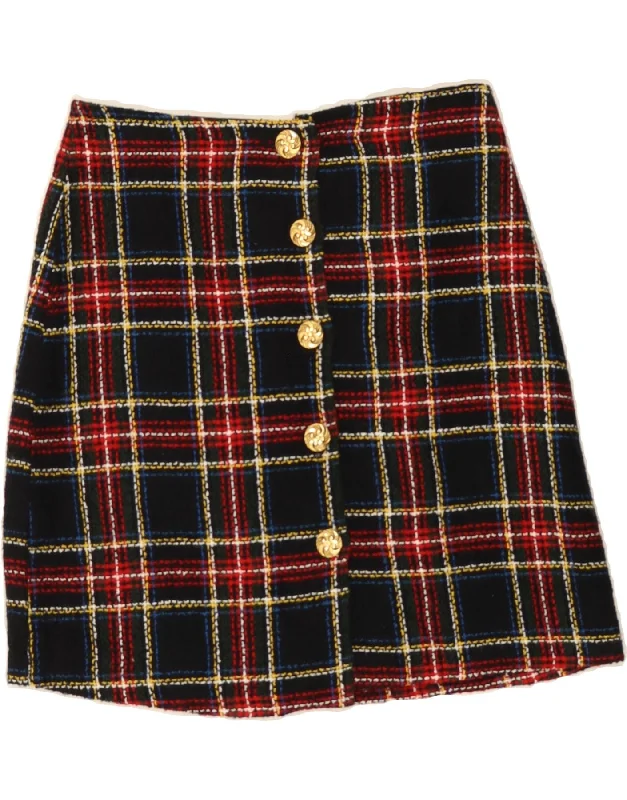 VINTAGE Womens Straight Skirt Small W27 Navy Blue Plaid Wool high slit skirt