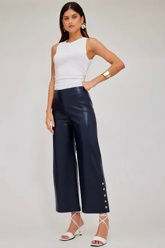 SOFT FAUX LEATHER BUTTON HEM PANT - NAVY Classic Cropped Pants