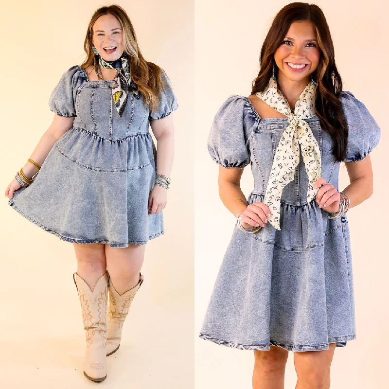 Denim Delight Babydoll Dress with Puff Sleeves in Medium Wash Tunics Luxurious high-end