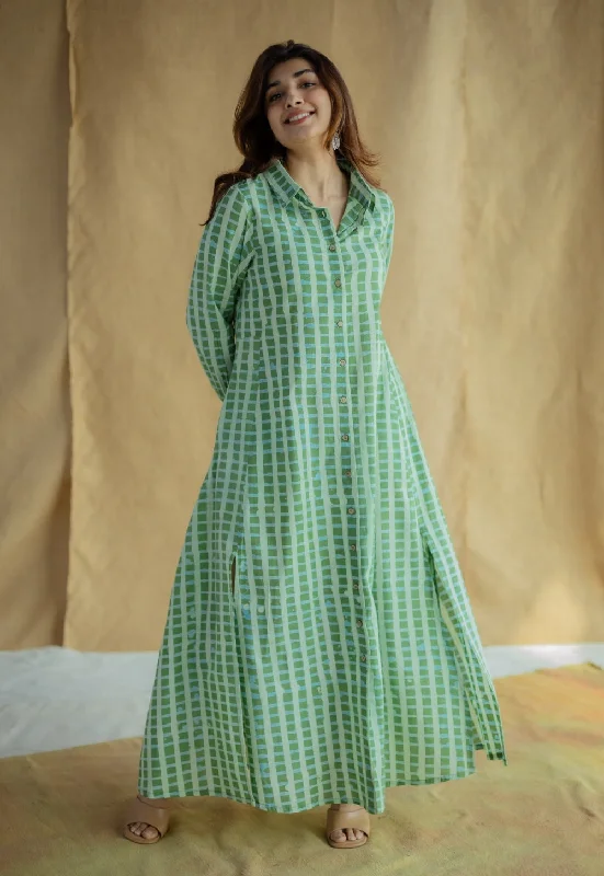Trusha Green Batik Cotton A Line Dress Tunics Canvas sturdy