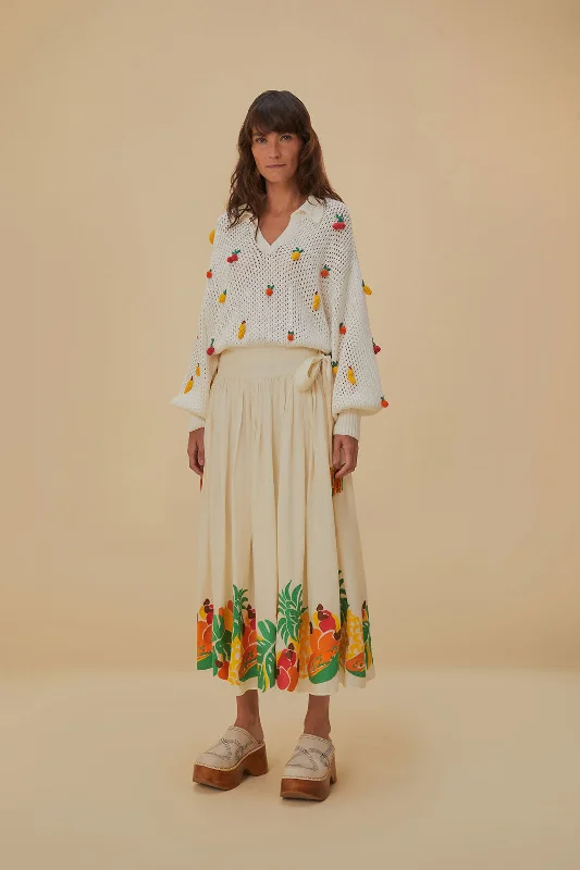 Embroidered Fruits Side Bow Midi Skirt belted skirt waist