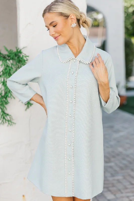 The Kindness Light Blue Pearl Embellished Button Down Dress Crew Neckline Sporty