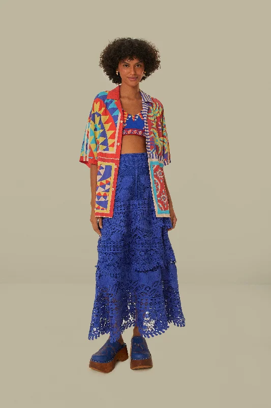 Blue Guipure Midi Skirt lace skirt intricate
