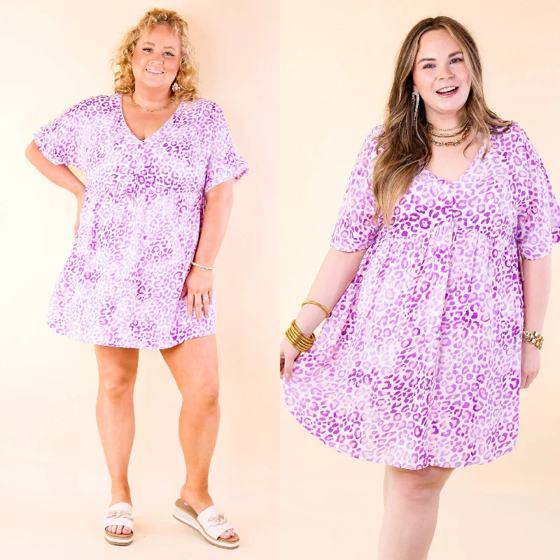 Fresh Blossoms Leopard Print Babydoll Dress with V Neck in Purple Tunics Mesh breathable