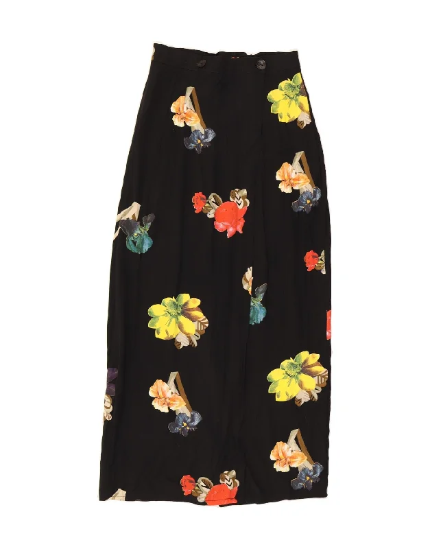 VINTAGE Womens Wrap Skirt W26 Small Black Floral cashmere skirt rich