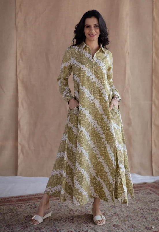 Trusha Moss Green Batik Cotton A Line Dress Tunics Chinos classic