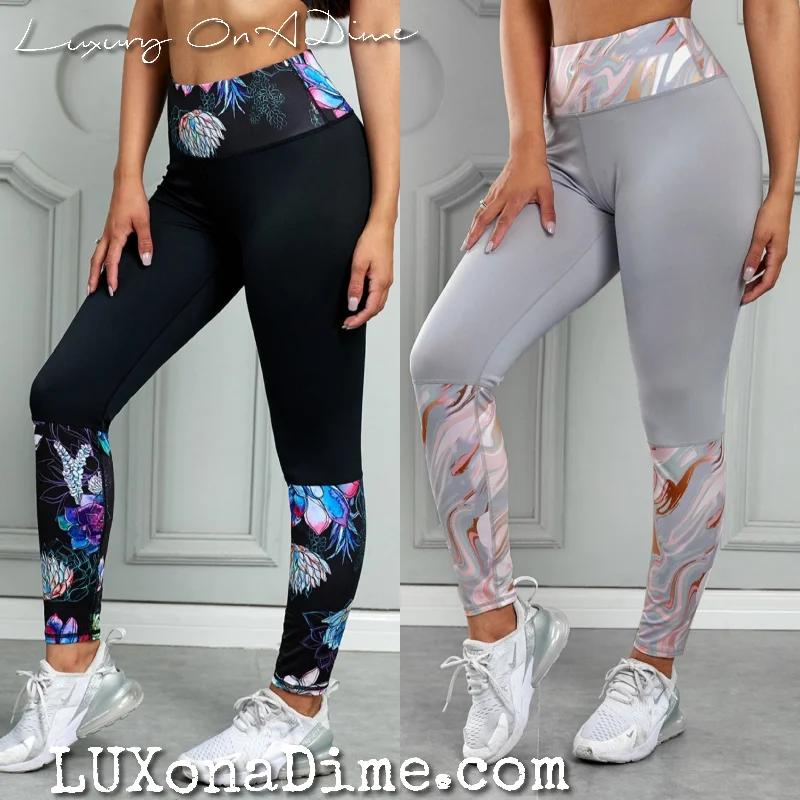 Trendy Printed Wide Waistband Active Yoga Workout Pants Modern Stretch Trousers