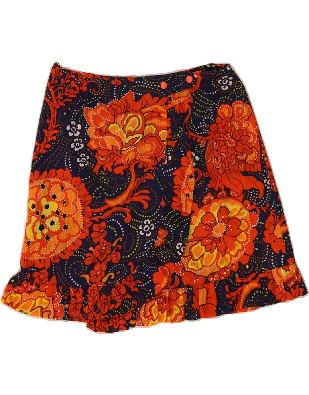 VINTAGE Womens High Waist Wrap Skirt IT 48 XL W30 Navy Blue Floral leather skirt bold