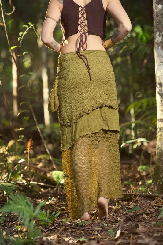 Cotton Crochet Layered Skirt - Khaki elastic waist skirt