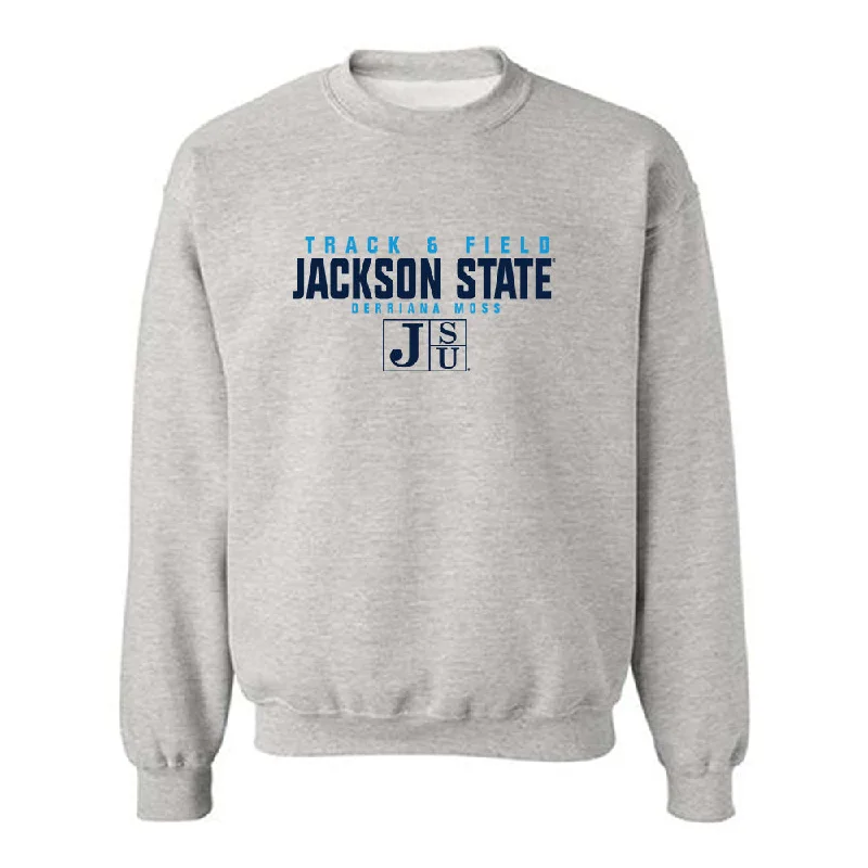 Jackson State - NCAA Women's Track & Field : Derriana Moss - Classic Fashion Shersey Crewneck Sweatshirt Hoodie with Hem Frayed Vintage Worn