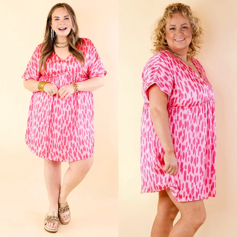 Fresh Blossoms Dotted Print Babydoll Dress with V Neck in Pink Tunics Modern contemporary