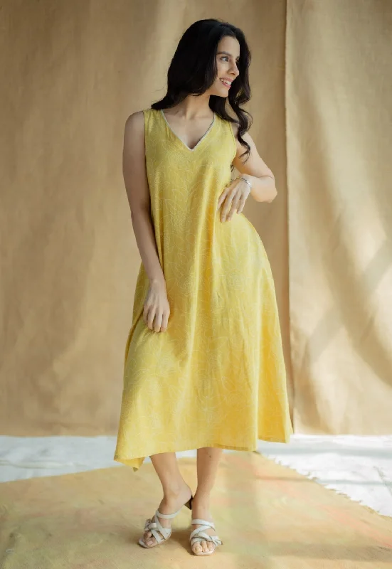 Mariam Mustard Hand Block Print Slub Cotton A Line Dress with Hand Embroidery Boat Neckline Classic