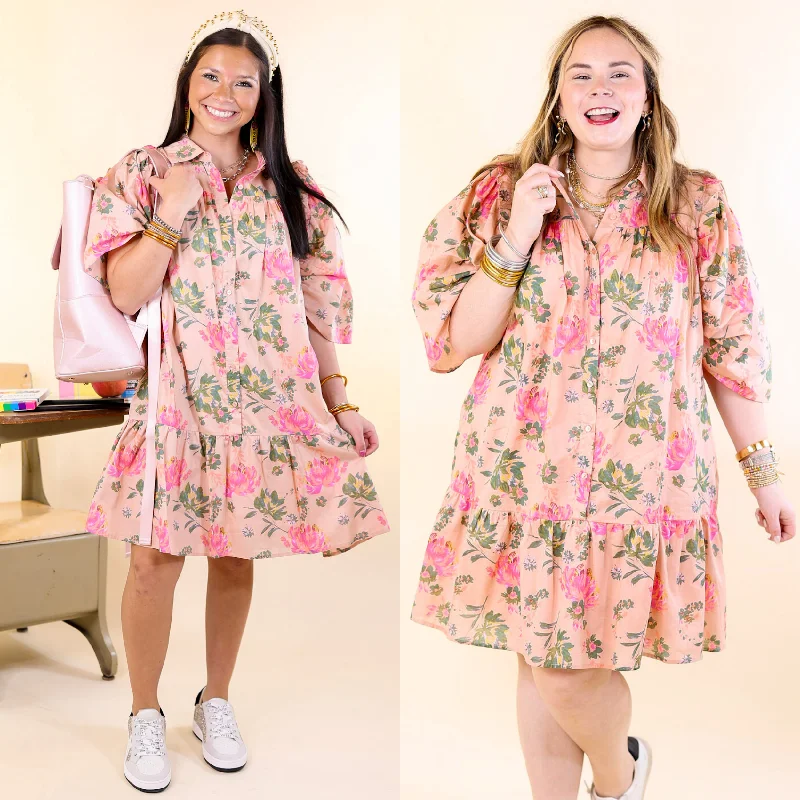 Blooming Chic Button Up Floral Print Dress with Collar in Peach Tunics Practical easy-care