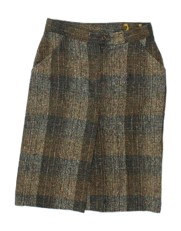 VINTAGE Womens Straight Skirt W30 Medium Green Check leather skirt bold