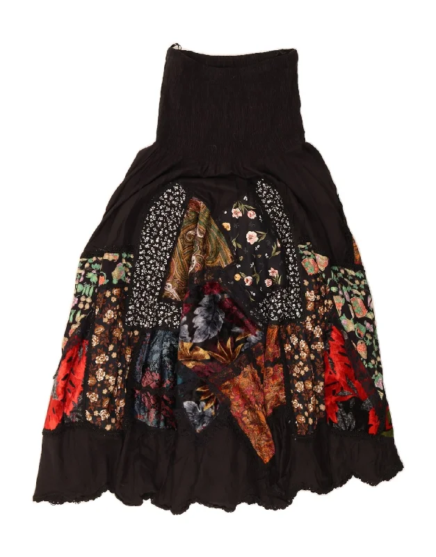 VINTAGE Womens High Waist Maxi Skirt W28 Medium Black Floral Viscose summer skirt style