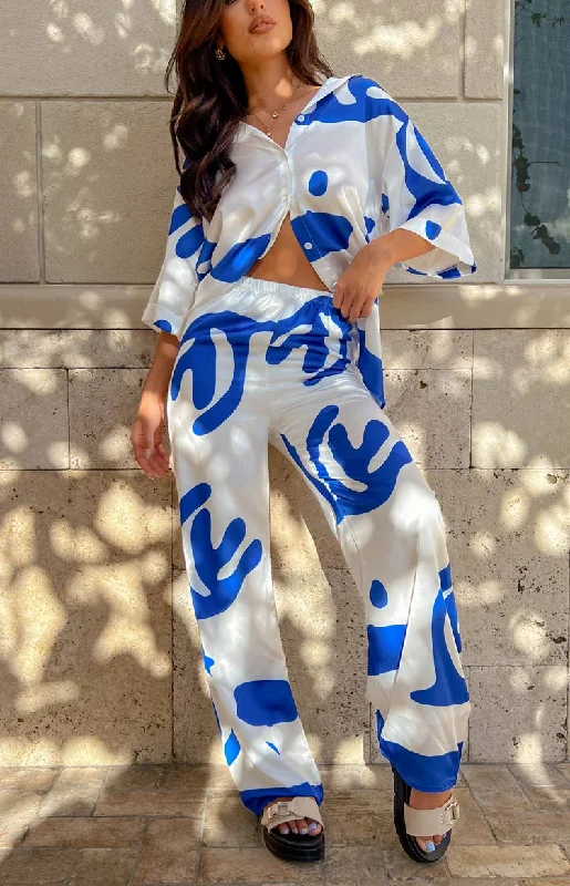 Karren Blue Print Pants Trendy Wide-Legged Trousers