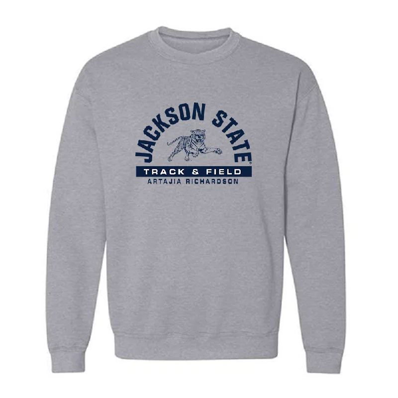 Jackson State - NCAA Women's Track & Field : Artajia Richardson - Classic Fashion Shersey Crewneck Sweatshirt Hoodie with Stripes Bold Sporty