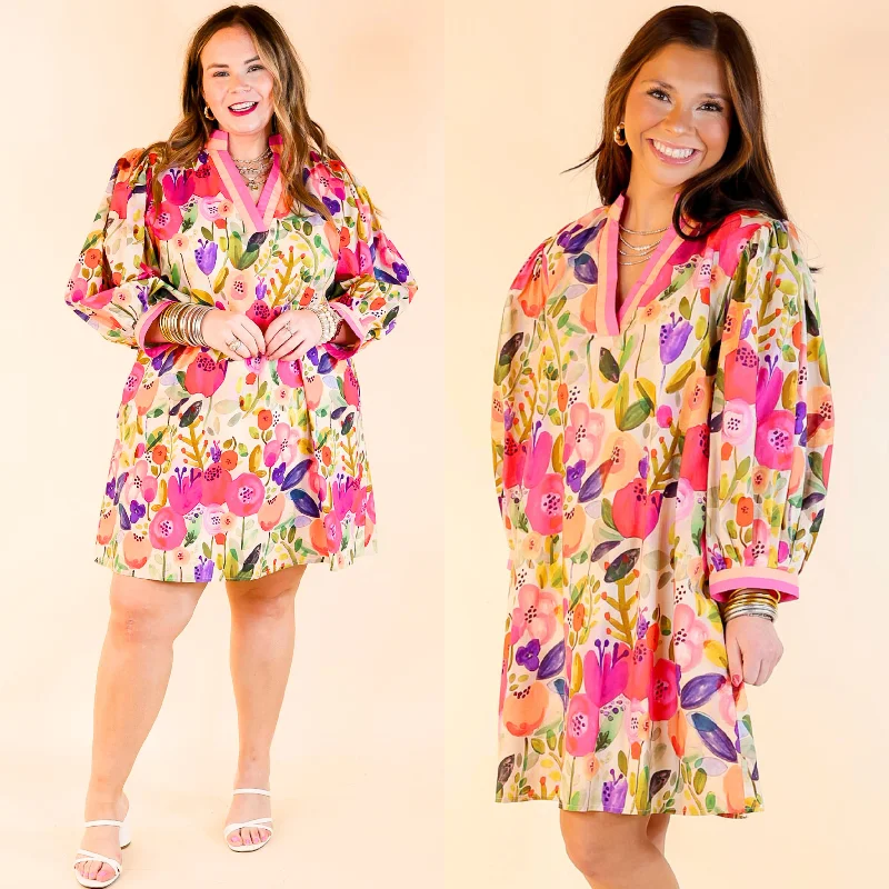 Pocketful of Petals V Neck Floral Print Dress with 3/4 Sleeves Tunics New arrival