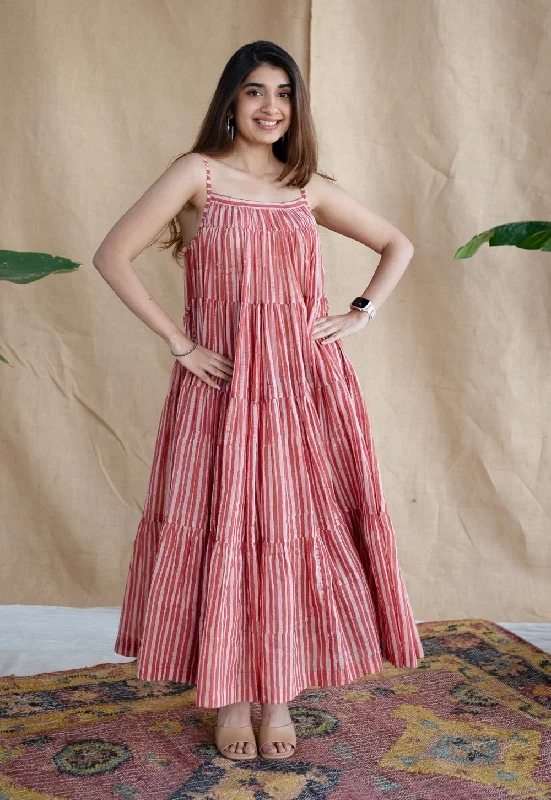 Nyara Red Batik MulMul Cotton A Line Dress Tunics Trendy modern