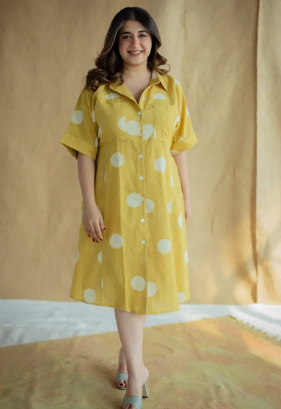 Falak Mustard Hand Block Print Slub Cotton A Line Dress Turtleneck Neckline Stylish