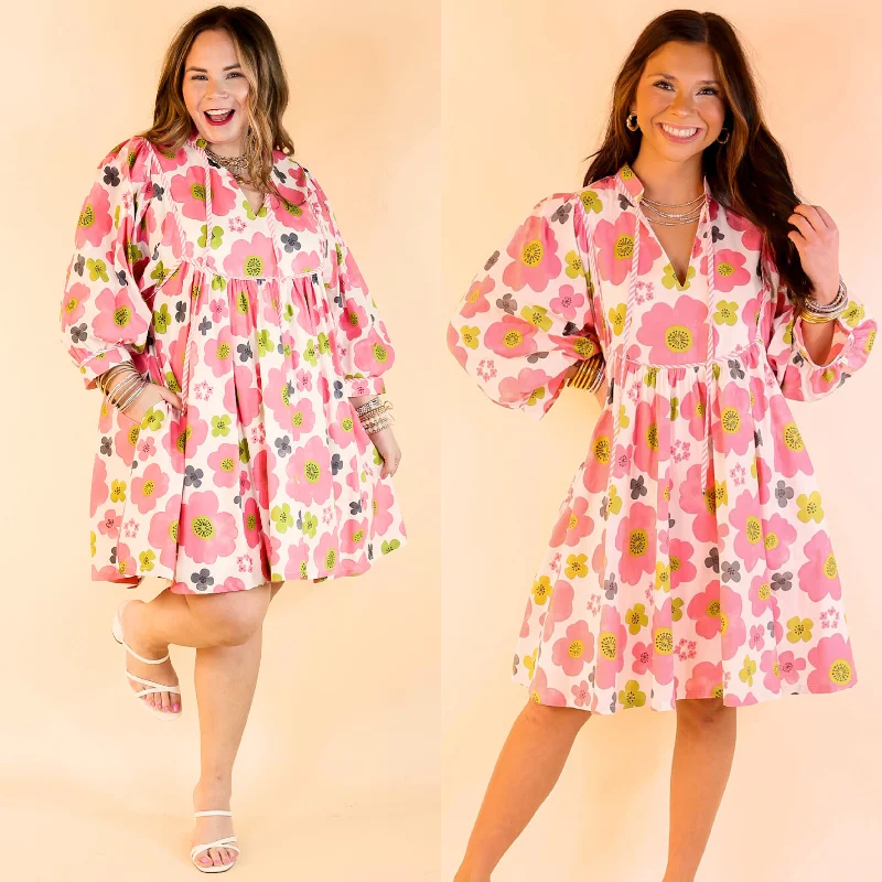 Serene Style Floral Print Dress with 3/4 Sleeves in Off White Tunics Summer linen