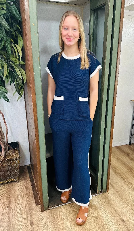 NAVY HIGH WAIST WIDE LEG PANT SET Trendy Palazzo Pants
