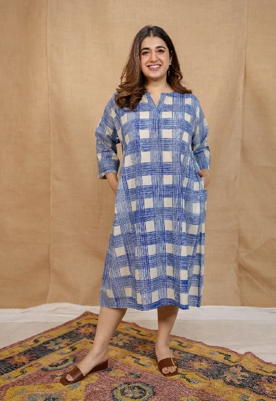 Mia Blue Brush Print Cotton A Line Dress Tunics stripes playful