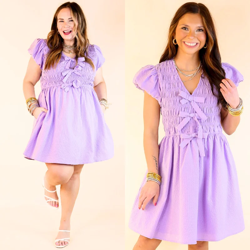 Darling Charm Cap Sleeve Dress with Bows in Lavender Purple Tunics Hiking breathable