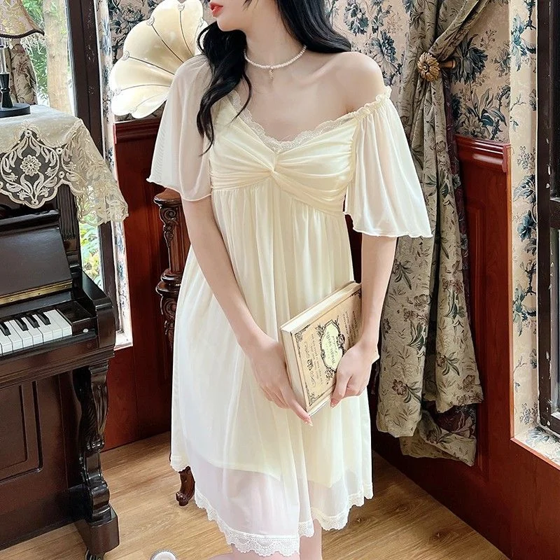 2025 Summer sweet dream beautiful mesh short skirt nightdress women's summer thin loose with chest pad anti-bumping pajamas tide corduroy skirt textured
