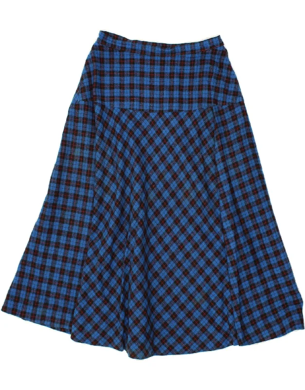 VINTAGE Womens A-Line Skirt W28 Medium Navy Blue Check high waist skirt