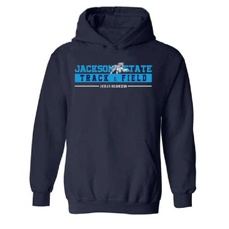 Jackson State - NCAA Women's Track & Field : Artajia Richardson - Classic Fashion Shersey Hooded Sweatshirt Hoodie with Raw Hem Edgy Unfinished
