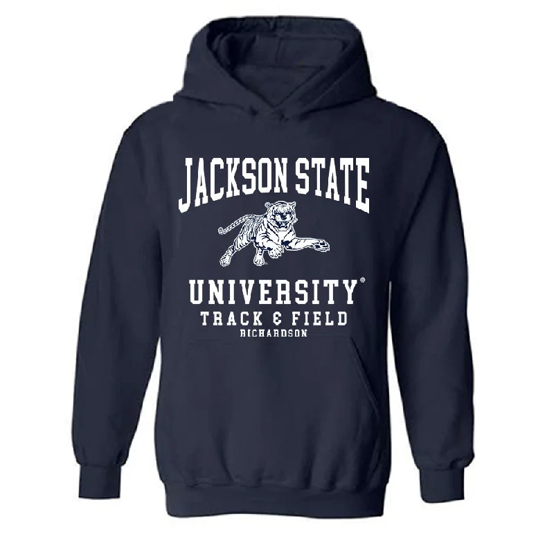 Jackson State - NCAA Women's Track & Field : Artajia Richardson - Hooded Sweatshirt Hoodie with Metallic Shiny Futuristic