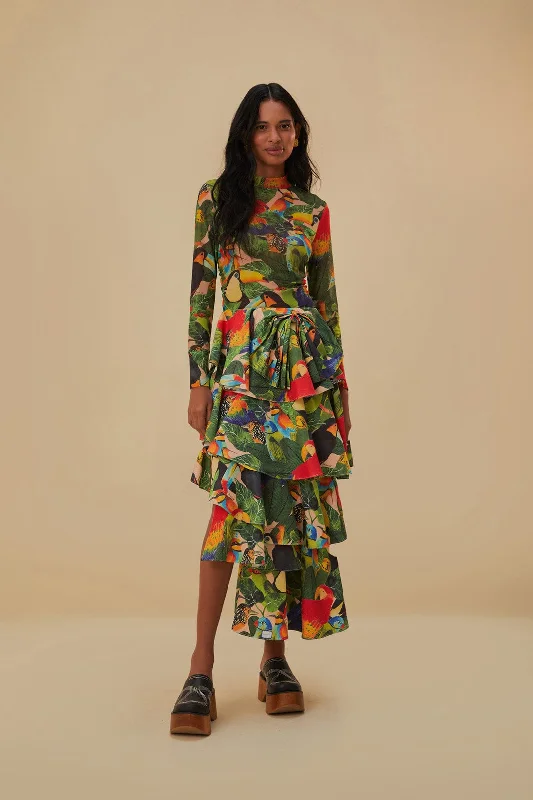 Bird Leaves Sand Tiered Bow Detail Maxi Skirt silk skirt elegant